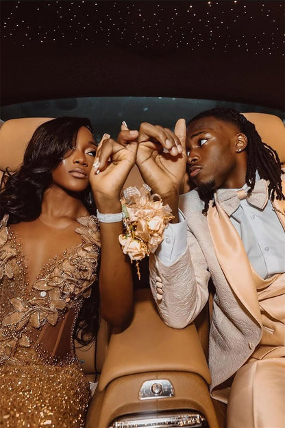 Champange Sleeveless Flowers Sequin Column Floor length Sparkle Prom Dresses