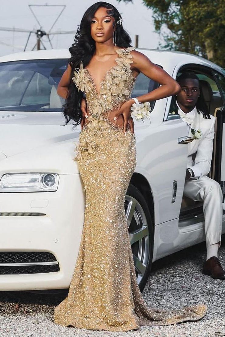 Champange Sleeveless Flowers Sequin Column Floor length Sparkle Prom Dresses