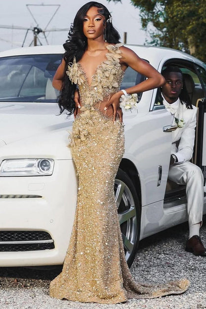 Champange Sleeveless Flowers Sequin Column Floor length Sparkle Prom Dresses