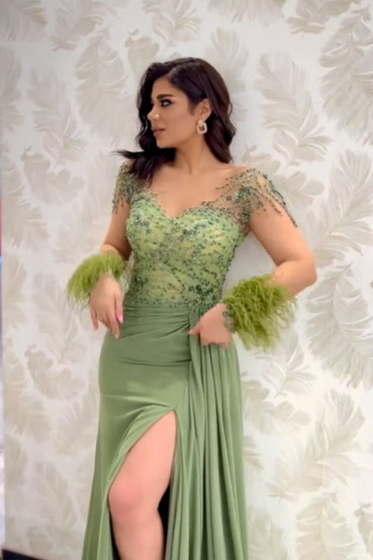 Charming V-neck Beadings Satin Evening Dress Long Sleeves Side Split Party Dress with Feather