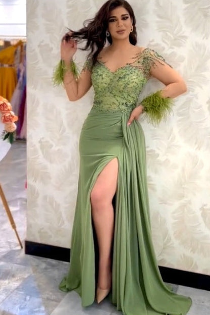 Charming V-neck Beadings Satin Evening Dress Long Sleeves Side Split Party Dress with Feather