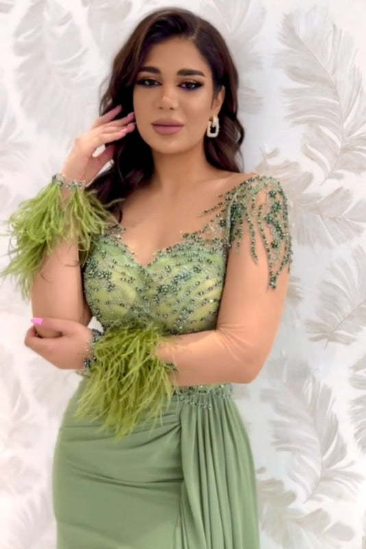 Charming V-neck Beadings Satin Evening Dress Long Sleeves Side Split Party Dress with Feather