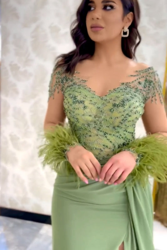 Charming V-neck Beadings Satin Evening Dress Long Sleeves Side Split Party Dress with Feather