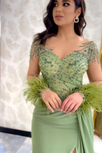 Charming V-neck Beadings Satin Evening Dress Long Sleeves Side Split Party Dress with Feather