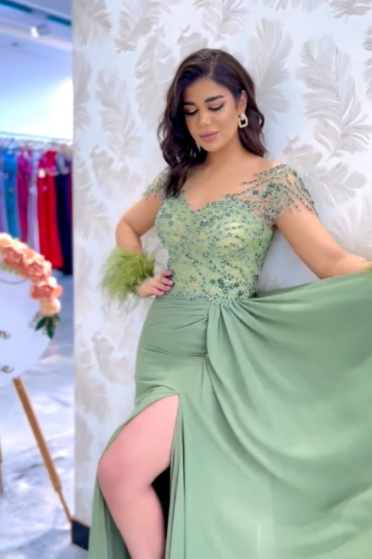 Charming V-neck Beadings Satin Evening Dress Long Sleeves Side Split Party Dress with Feather