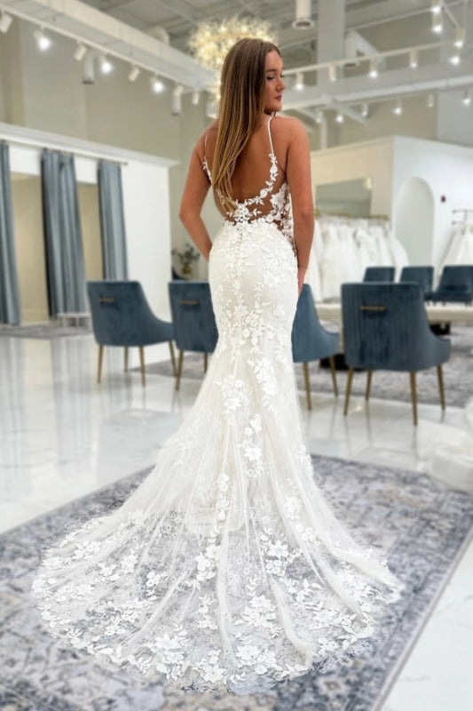 Chic Ivory Mermaid Wedding Dress Tulle lace Appliques Bridal Gown