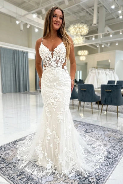 Chic Ivory Mermaid Wedding Dress Tulle lace Appliques Bridal Gown