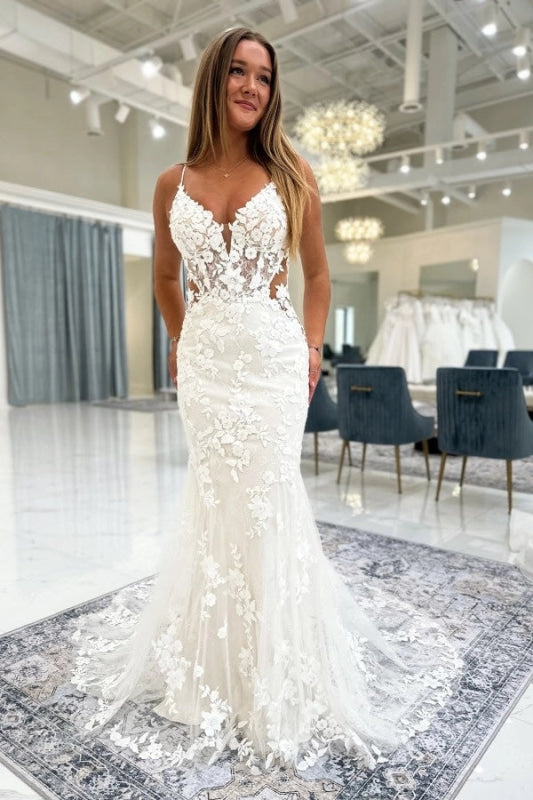 Chic Ivory Mermaid Wedding Dress Tulle lace Appliques Bridal Gown