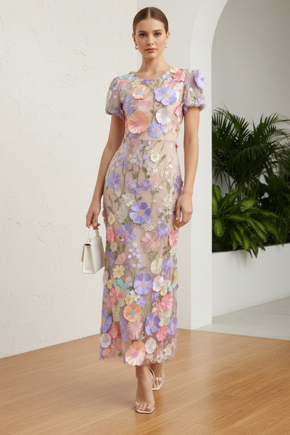Scoop 3D Floral Appliques Sheath Wedding Guest Dress
