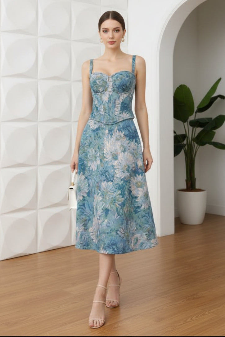 Two Piece Floral Printed A-Line Wedding Guest Dress