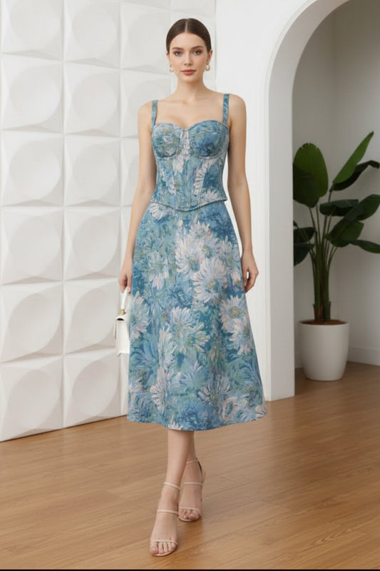 Two Piece Floral Printed A-Line Wedding Guest Dress
