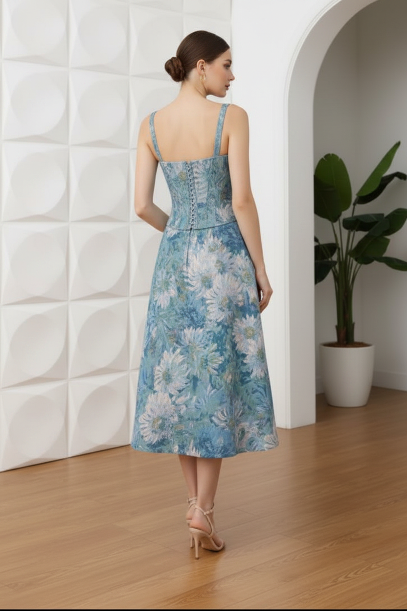 Two Piece Floral Printed A-Line Wedding Guest Dress