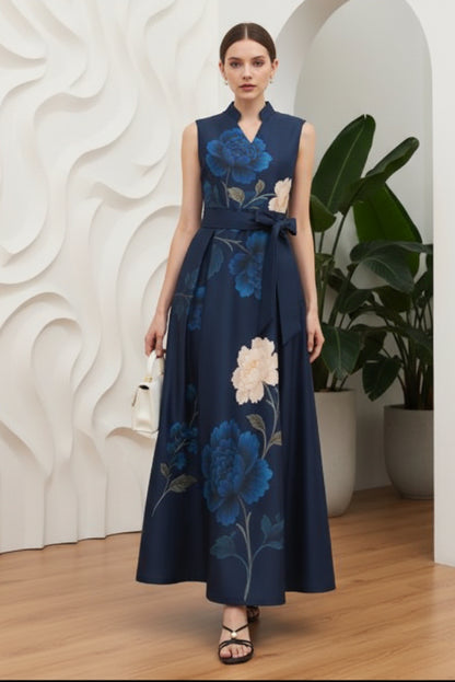 High Neck Floral Printed Mother of Bride Dress