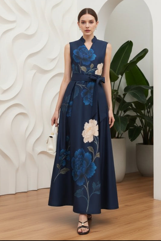 High Neck Floral Printed Mother of Bride Dress