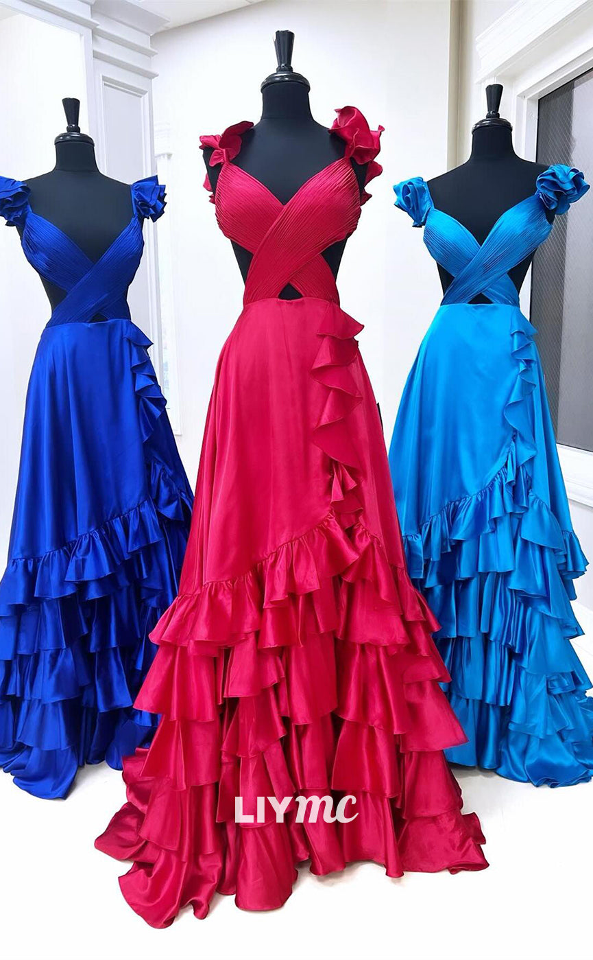 LP777 - A Line V neck Draped Long Formal Prom Dress with Slit