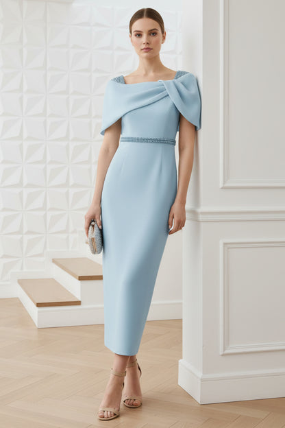 Off-Shoulder Blue Sheath Mother of Bride Dress
