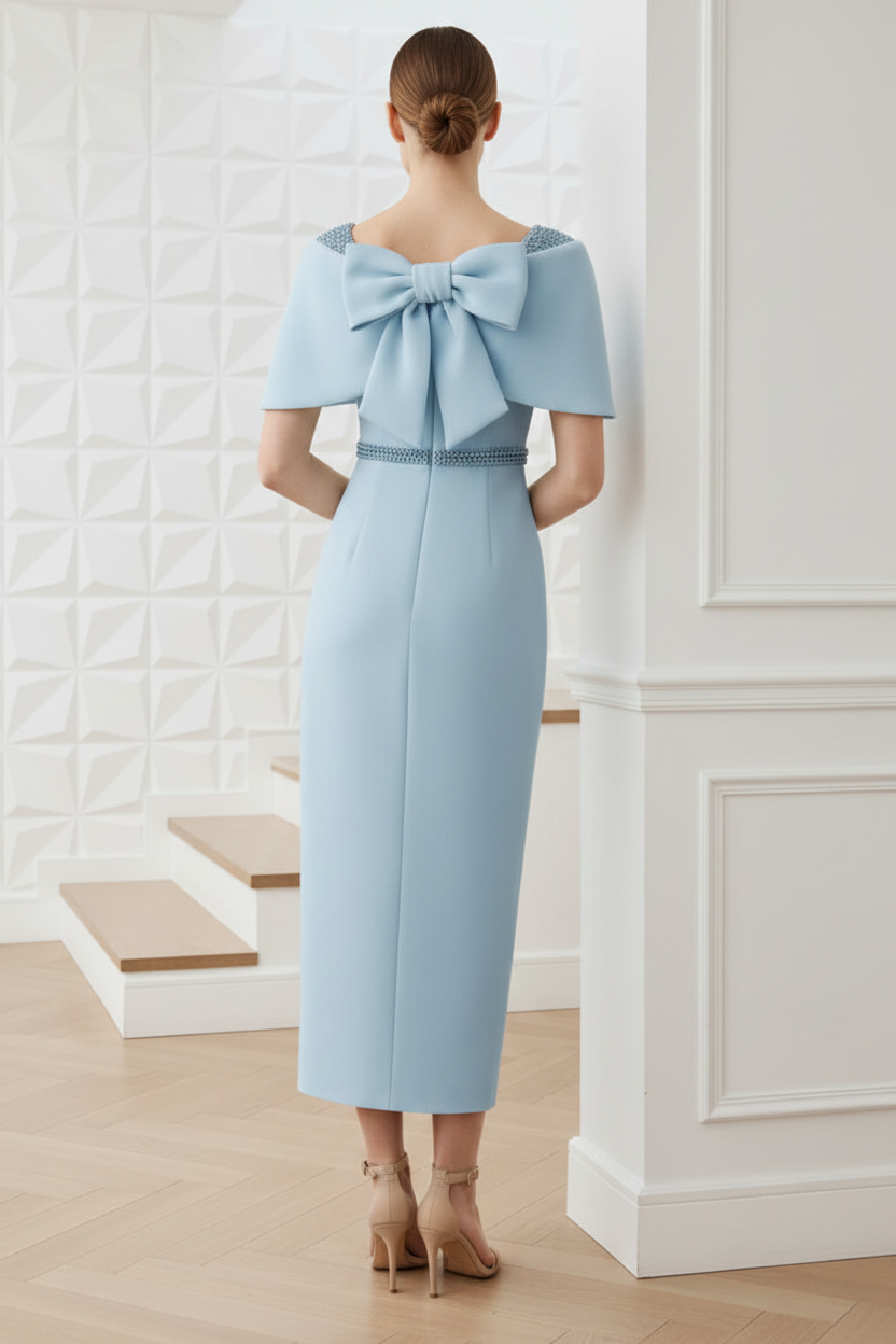 Off-Shoulder Blue Sheath Mother of Bride Dress