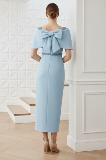 Off-Shoulder Blue Sheath Mother of Bride Dress