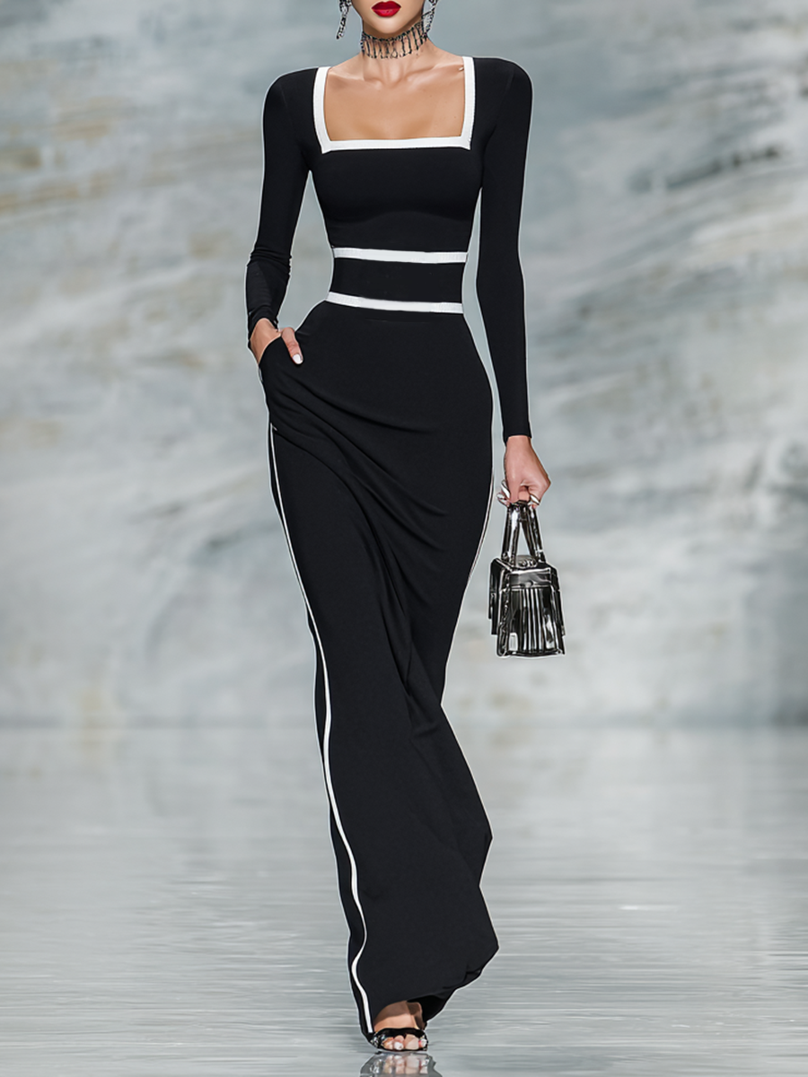 Women's Black And White Trim Square Neck Long Sleeve Tight Maxi Dress