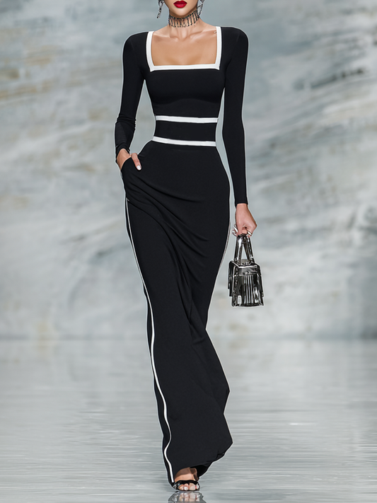 Women's Black And White Trim Square Neck Long Sleeve Tight Maxi Dress