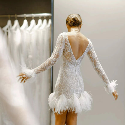 Long Sleeves Boho Mini Wedding Party Dress Simple Illusion Boat Neck Open Back Above Knee