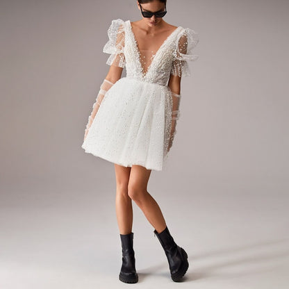 Mini Length Wedding Dress Short V-Neck Backless Above Knee Bridal Gown