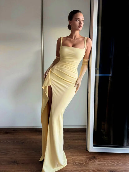 Silky Daffodil Square Sheath Split Prom Dress With Tulle Gloves YK0364