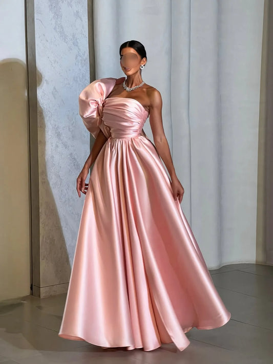 Gorgeous Pink Pleated One Shoulder Split Satin Prom Dress