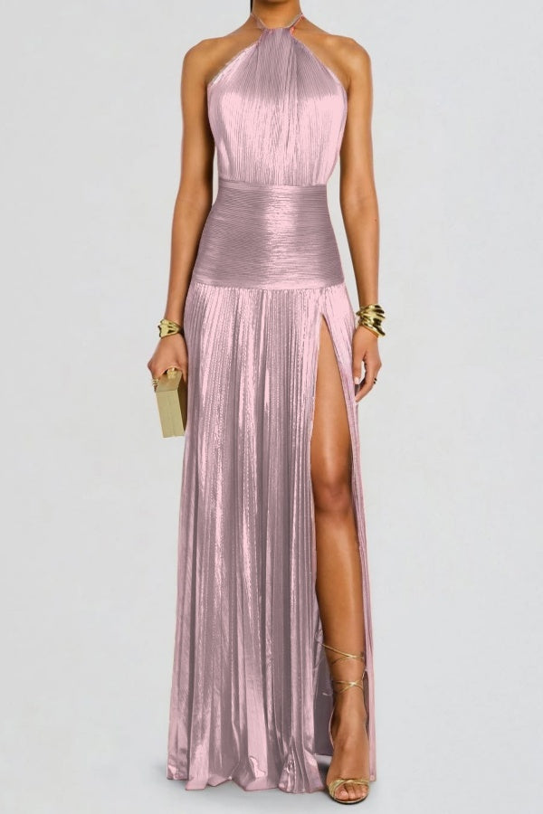 Charming Green Halter Sleeveless Backless Split Prom Dress with Pleated