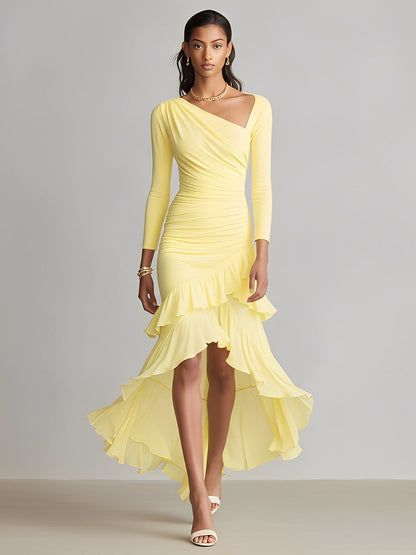 Women's Yellow Flowy Dress With Asymmetric Neckline & Ruffled High-Low Hem, Sophisticated Evening-Cocktail Style Dress