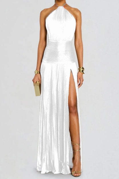 Charming Green Halter Sleeveless Backless Split Prom Dress with Pleated