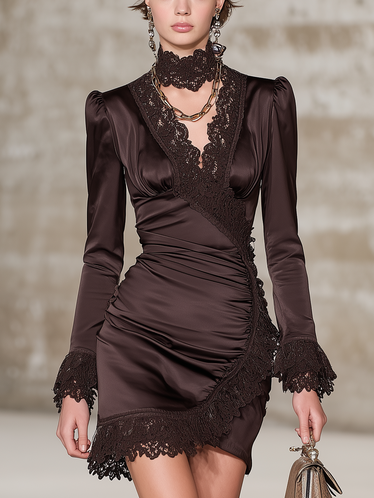 Brown Lace-Trimmed Satin Wrap Long Sleeve Mini Dress