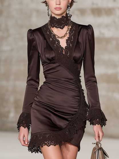 Brown Lace-Trimmed Satin Wrap Long Sleeve Mini Dress