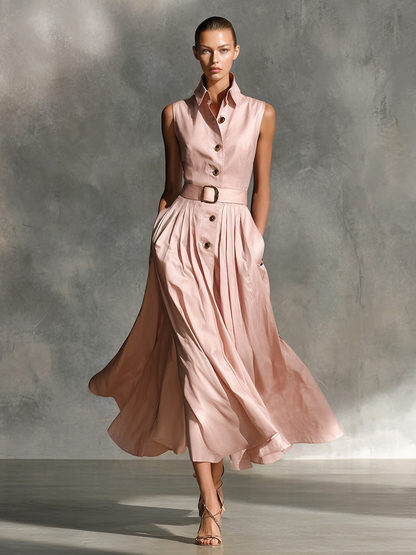 Women's Elegant Cotton Blend Blush Sleeveless Collared Button-Front Belted Midi Dress