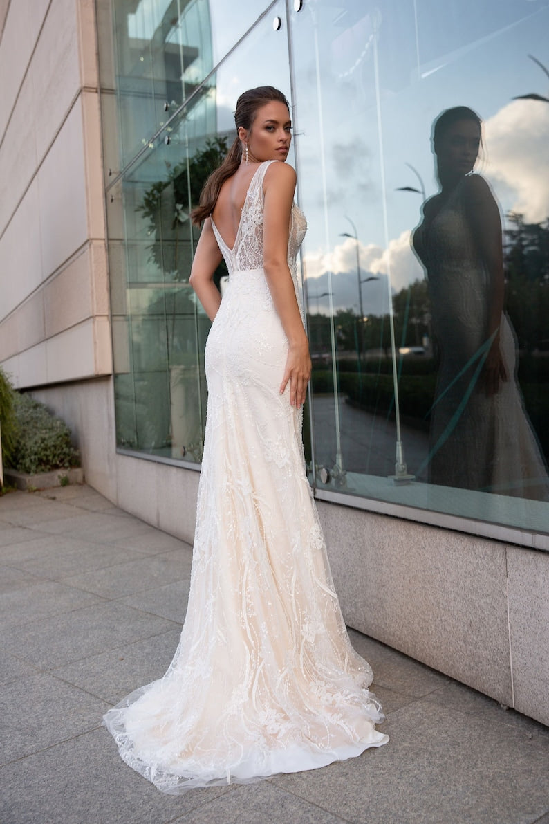 Simple A-Line Lace Wedding Dress, Minimalist Deep V Neck Bridal Gown, Wedding Dress, Lace Wedding Dress, Custom Romantic Wedding Gown