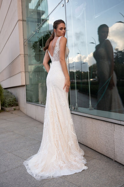 Simple A-Line Lace Wedding Dress, Minimalist Deep V Neck Bridal Gown, Wedding Dress, Lace Wedding Dress, Custom Romantic Wedding Gown