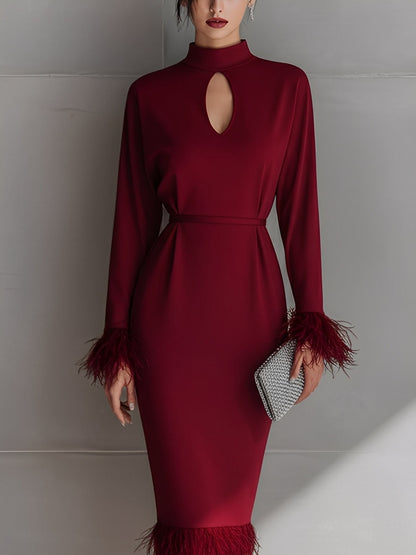 Women's Burgundy Glamorous Crepe Keyhole - Neck Feather - Trimmed Midi Dress
