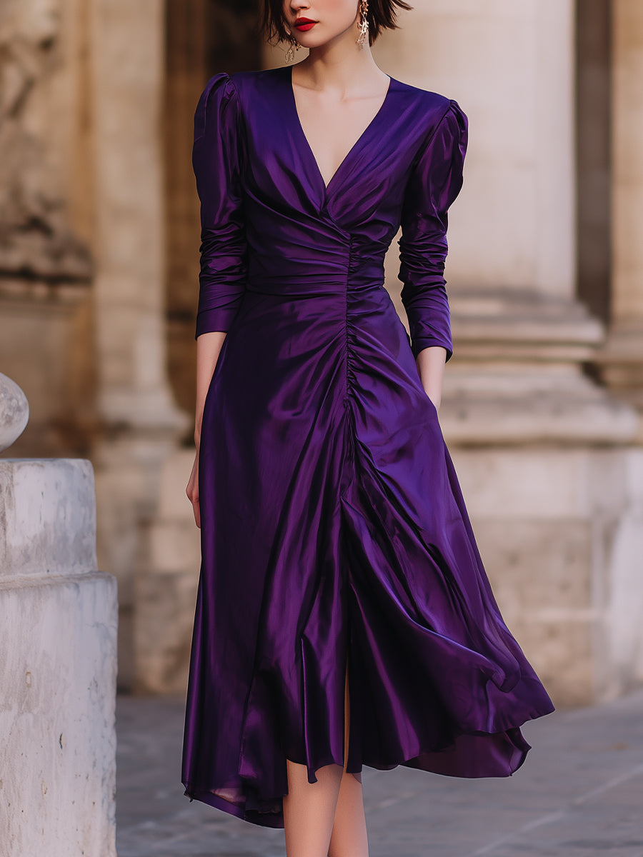 Plum Satin Ruched Wrap Midi Dress