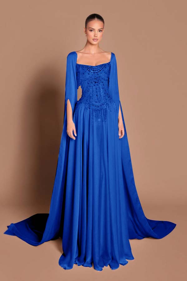 Square Neck Long Sleeves Long Prom Dress With Rhinstone And Pearl Beadings