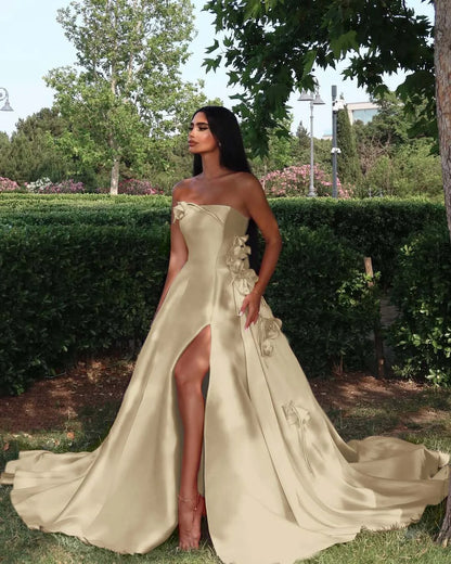 Elegant Straight Across Pink Split Sleeveless Handmade Flower Prom Dress YK0162