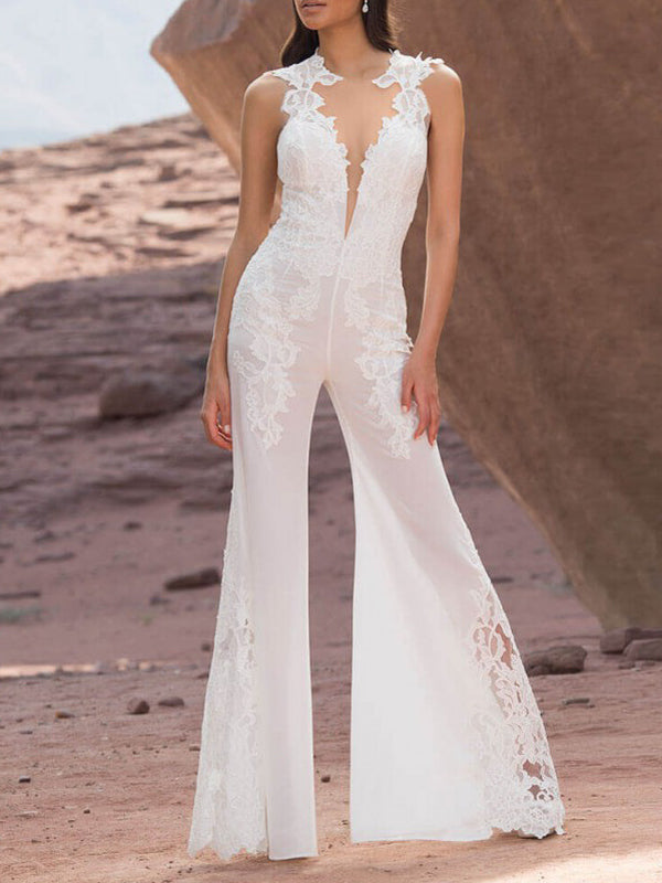 Spaghetti-Neck V-Neck Lace Solid Color See-Through Wide Leg Jumpsuit