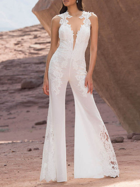 Spaghetti-Neck V-Neck Lace Solid Color See-Through Wide Leg Jumpsuit
