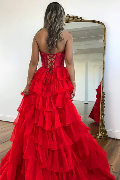 Gorgeous A Line Strapless Daffodial Tiered Chiffon Prom Evening Dresses with Hot Stone