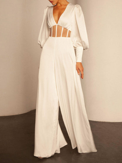 Simple V-Neck Puff Sleeve Belly-Hollow Backless Wide Leg Jumpsuits