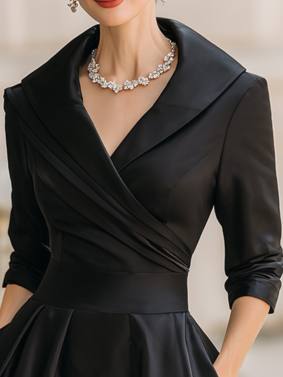 Vintage-Inspired Satin Midi Dress With Draped Collar – Liymc