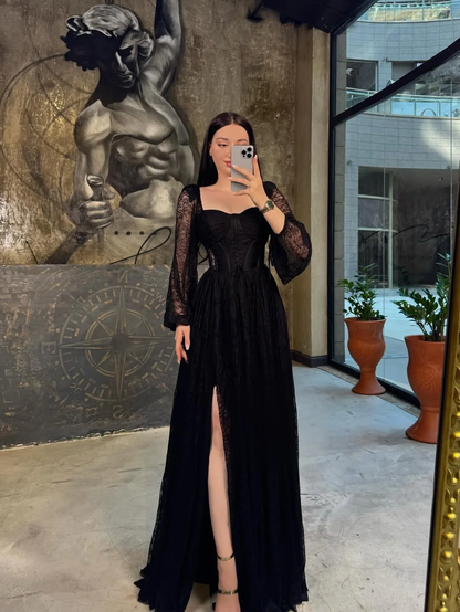 Sweetheart Long Sleeves Pleated Long A Line Prom Dress With Split And Lace