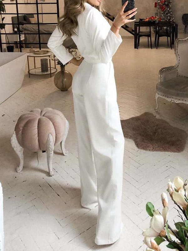 Fashion Solid Color V-Neck Empire Loose Long Sleeve Jumpsuit