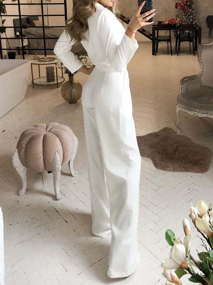 Fashion Solid Color V-Neck Empire Loose Long Sleeve Jumpsuit