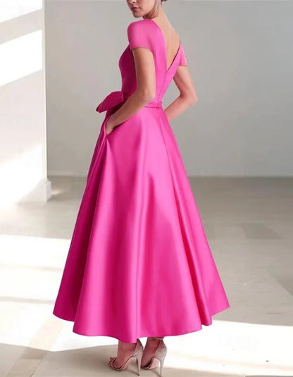 V-neck Solid Color Short Sleeves With Big Bow Midi Dress