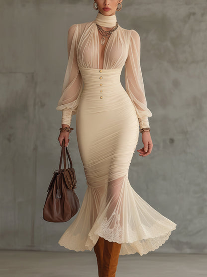 Beige Stretch Knit Chiffon Lace Trim Dress